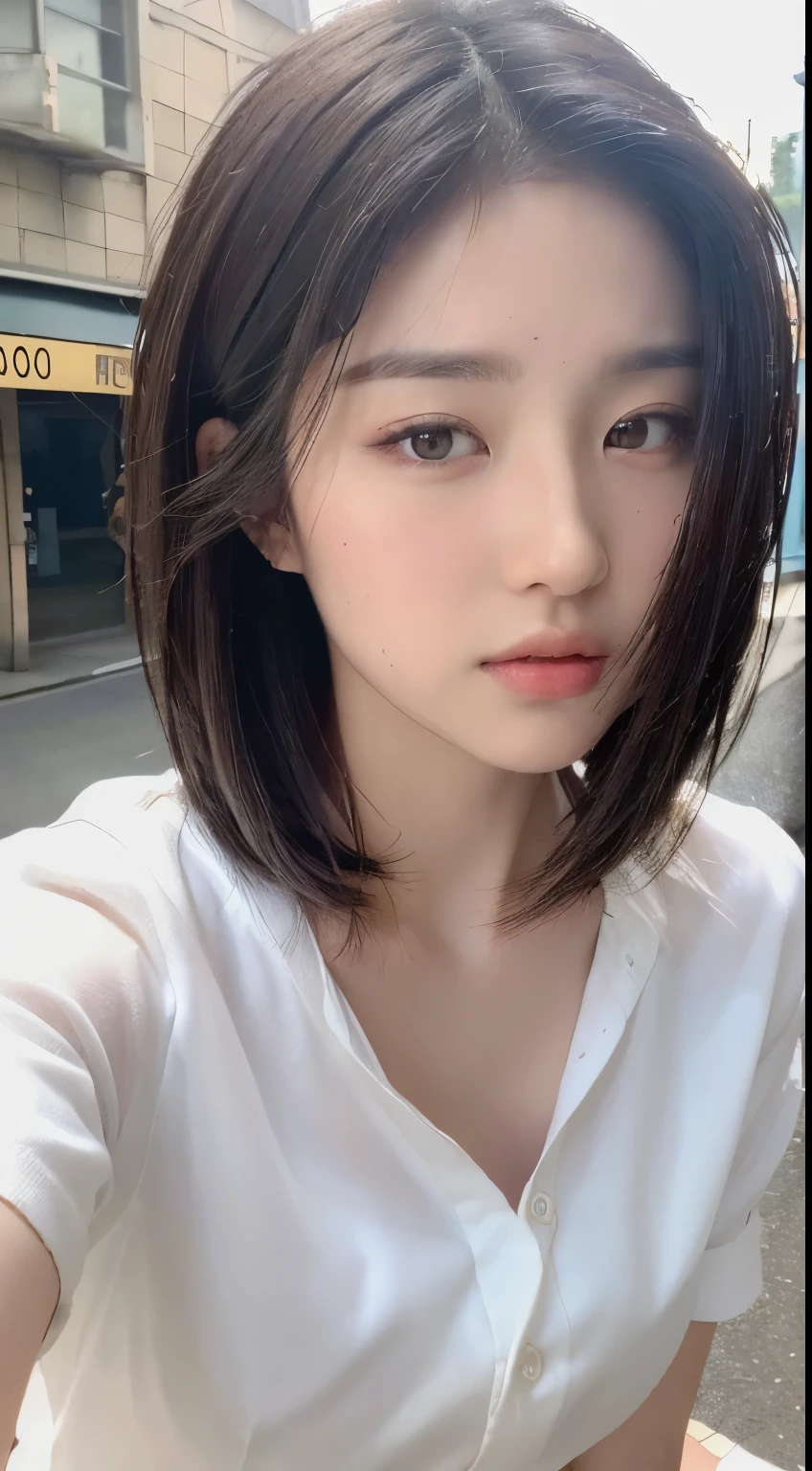 ((Best Quality, 8K, Masterpiece: 1.3)), Sharp: 1.2, Perfect Body Beauty: 1.4, Slim Abs: 1.2, ((Layered Hairstyle, :1.2)), (White Button Short Sleeve Shirt: 1.1), (Street: 1.2), Wet: 1.5, Highly detailed face and skin texture, Fine eyes, double eyelids, looking at the camera