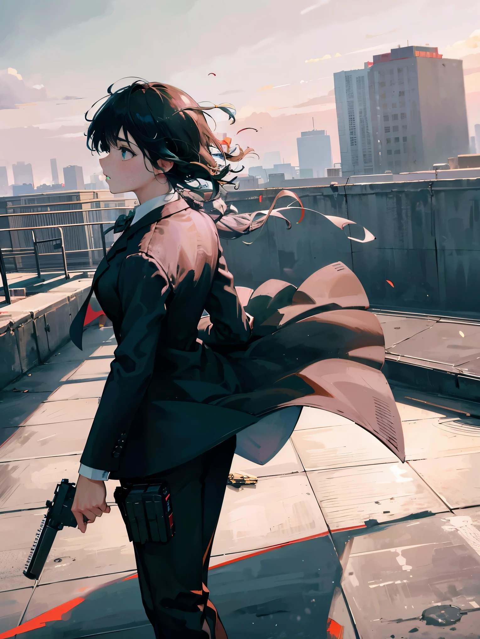 Assault Girl,Wearing a suit,Gunfight on the rooftop!! ︎,Breathe air, blows wind,Fluttering hair,gust of wind, Colorful, , masterpiece, splatters, From directly below, Side,