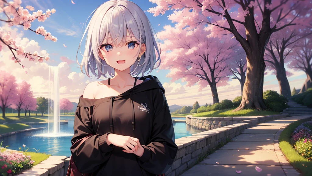 (masutepiece: 1.2, Best Quality), 1 Lady, Solo, silber hair,Shoulder out,Very short hair, long bangs between eyes, blue eyess,Black eyes, Hoodie,White hair, Silver hair, Hoodie, White hoodie、blue-sky、fountain in the forest、flower field、cherry blossoms falling、sit a chair、A smile、open open mouth、5 fingers
