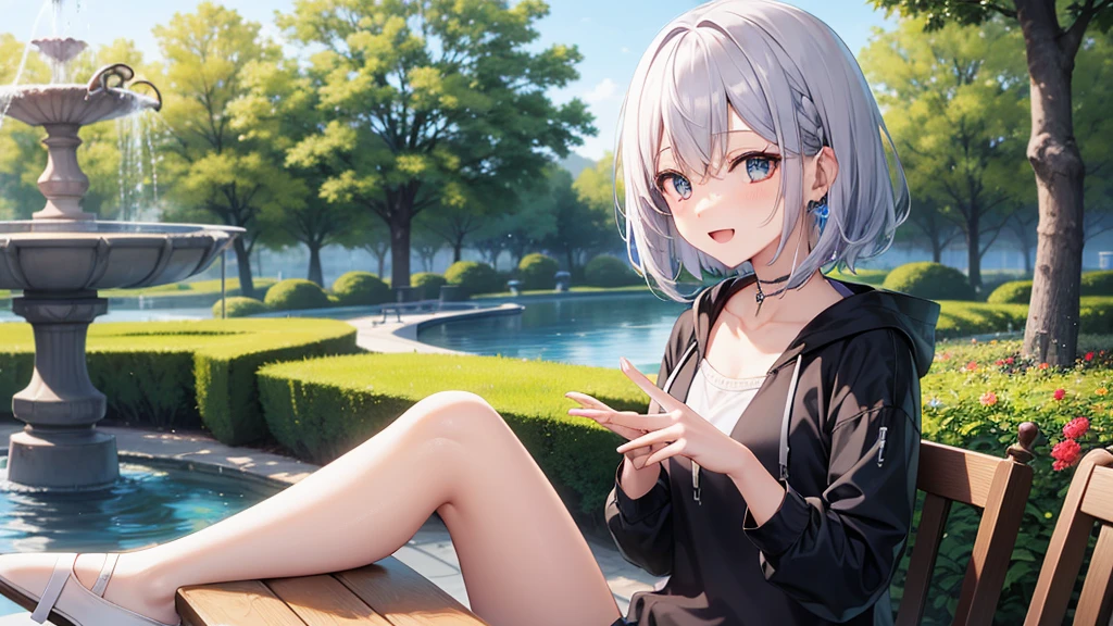 (masutepiece: 1.2, Best Quality), 1 Lady, Solo, silber hair,Shoulder out,Very short hair, long bangs between eyes, blue eyess,Black eyes, Hoodie,White hair, Silver hair, Hoodie, White hoodie、blue-sky、fountain in the forest、flower  field、cherry blossoms falling、sit a chair、A smile、open open mouth、5 fingers