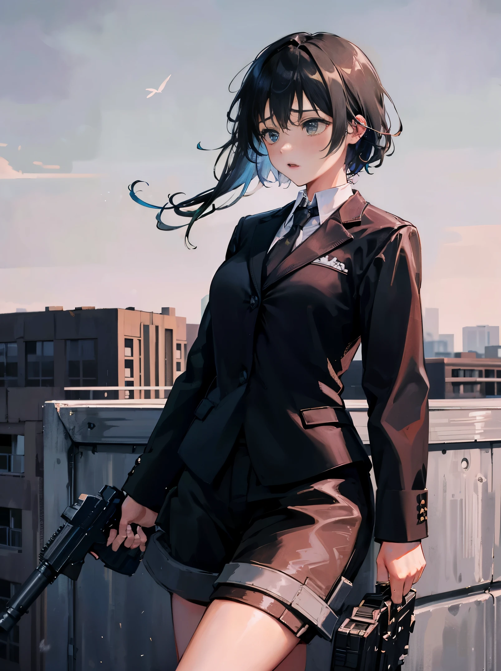 Assault Girl,Wearing a suit,Gunfight on the rooftop!! ︎,Breathe air, blows wind,Fluttering hair,gust of wind, Colorful, , masterpiece, splatters, From directly below, Side,