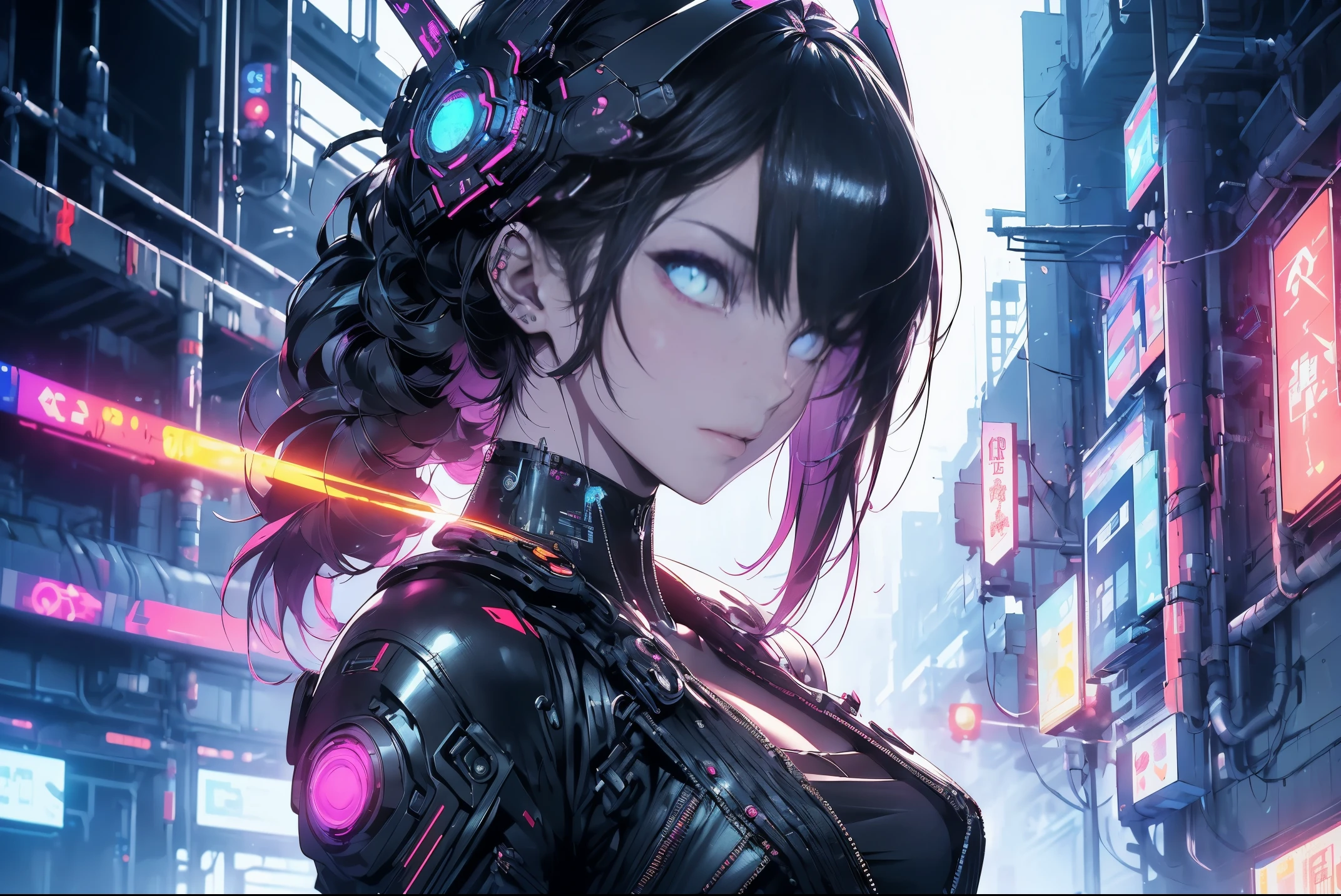 beautiful cyberpunk girl wearing a A futuristic head mounted display, (Delicate skin), pale-skinned, (in a deep neckline highly detailed sexy A futuristic cyberpunk black crop top and underpants made of circuit boards, scybernetic, Japanese words with a flare effect, beautiful epic work, A futuristic, tmasterpiece, , Attractive, Posing for photos
