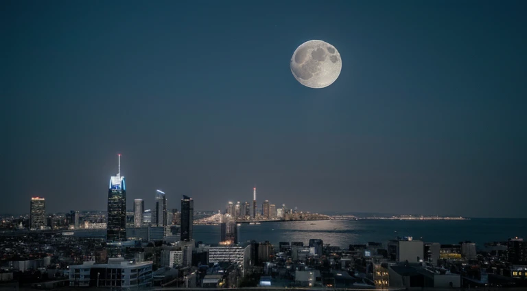 nighttime scene,big city,There is the sea,moon full,empty of people,beautifully lit,Many tall buildings,Give a close-up of a building