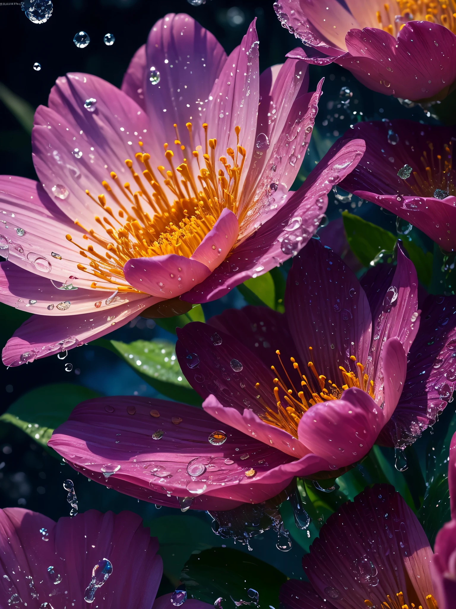 8k resolution, Gothic deviation art, complementary colors, soft cinematic light, light lab, HDR, presenting ultra-detailed complex flowers and water drops. Flower petals and water droplets glow to reveal a dreamy intricate style.