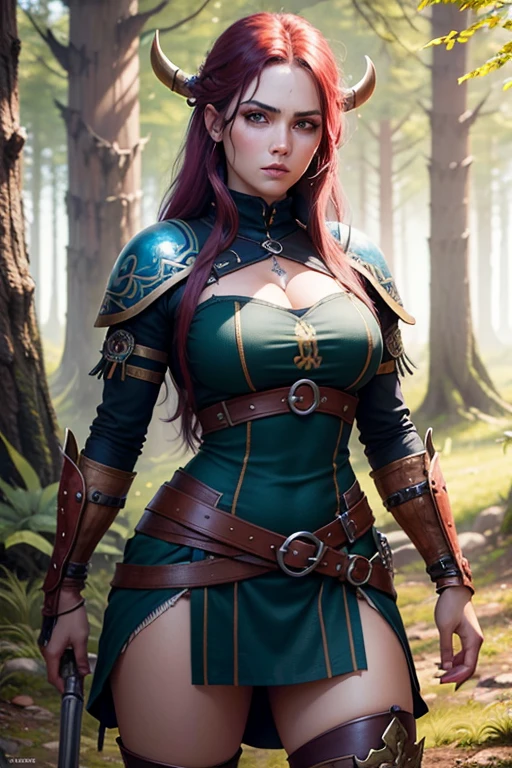 Mujer guerrera vikinga con ojos azules y cabello rojo.. El entorno es un bosque escandinavo en primavera. Imagen de ultra calidad con detalles realistas. HDR