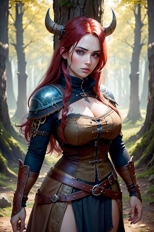 Mujer guerrera vikinga con ojos azules y cabello rojo.. El entorno es un bosque escandinavo en primavera. Imagen de ultra calidad con detalles realistas. HDR