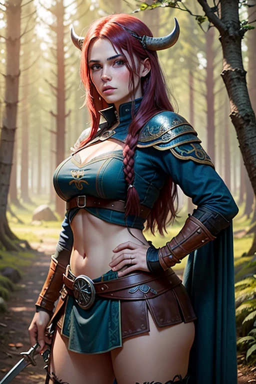 Mujer guerrera vikinga con ojos azules y cabello rojo.. El entorno es un bosque escandinavo en primavera. Imagen de ultra calidad con detalles realistas. HDR