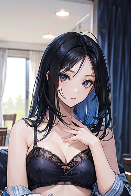 black hair, black eyes, Sexy, large breasts, blue lingerie, blue underwear, a hotel bedroom