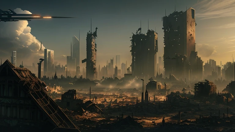 Arafede city skyline,There is a bell tower in the middle, destroyed city in background, landscape of apocalypse city, dystopian scifi apocalypse, cityscape ruins in the distance, Ruined cityscape, post - apocalyptic city, Dystopian digital concept art, destroyed city, scenic dystopian environment, dystopian environment, outdoors ruined cityscape, An abandoned dystopian city, apocalyptic city