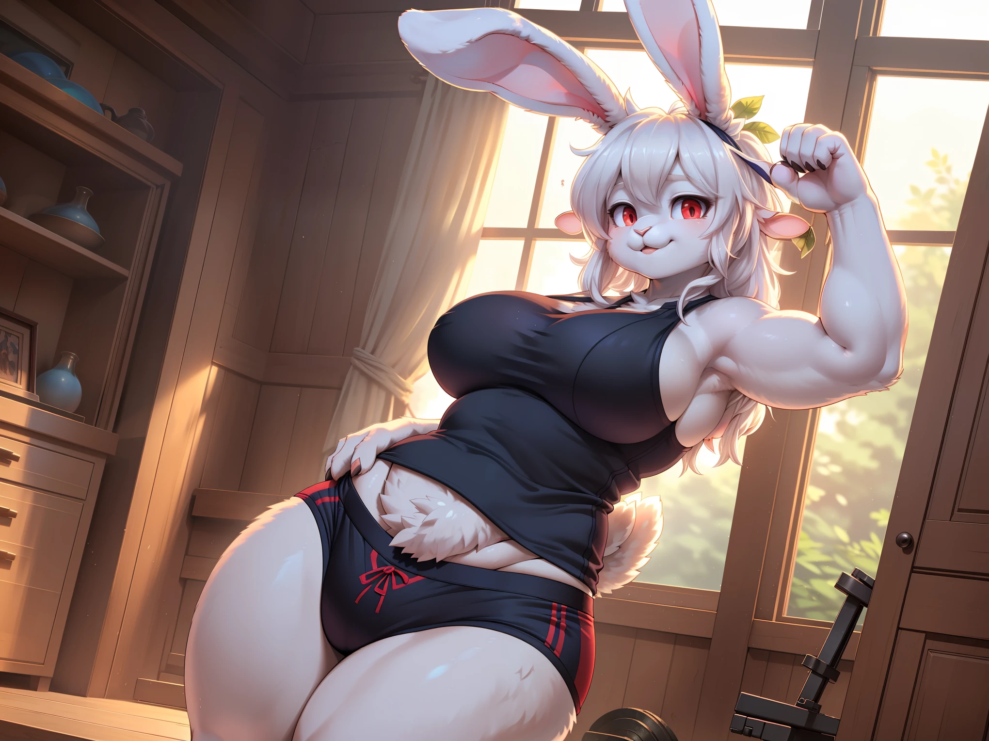 Female anthro rabbit, hi res, masterpiece, absurd res, 2023, extreme detail, lusty face, alluring pose, sexy strong yellow eyes, feet, spread legs, hand on belly, tail, simple black panty, unbuttoned jacket, simple bra, detailed furred body, romantic, military bunk, pleasured eyes, open mouth, looking at viewer, short white hair, white fur, red eyes, cute face, abs, anime manga style, lineart,