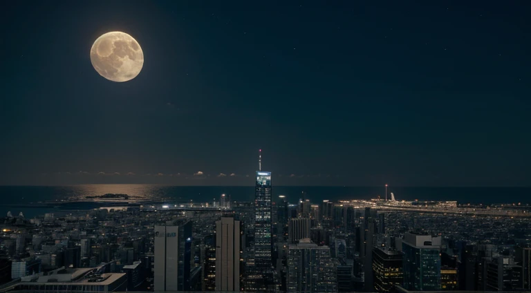 nighttime scene，big city，There is the sea，moon full，empty of people，beautifully lit，Many tall buildings，Give a close-up of a building