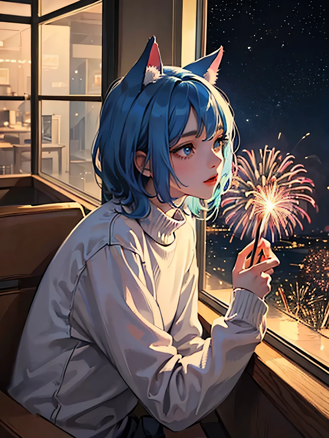 Masterpiece, best quality, super detailed, illustration, a man, short blue hair, blue cat ears, blue eyes ,wearing a sweater in his dark and dreary room, ((looking out the window at the fireworks display on the horizon while feeling alone)).