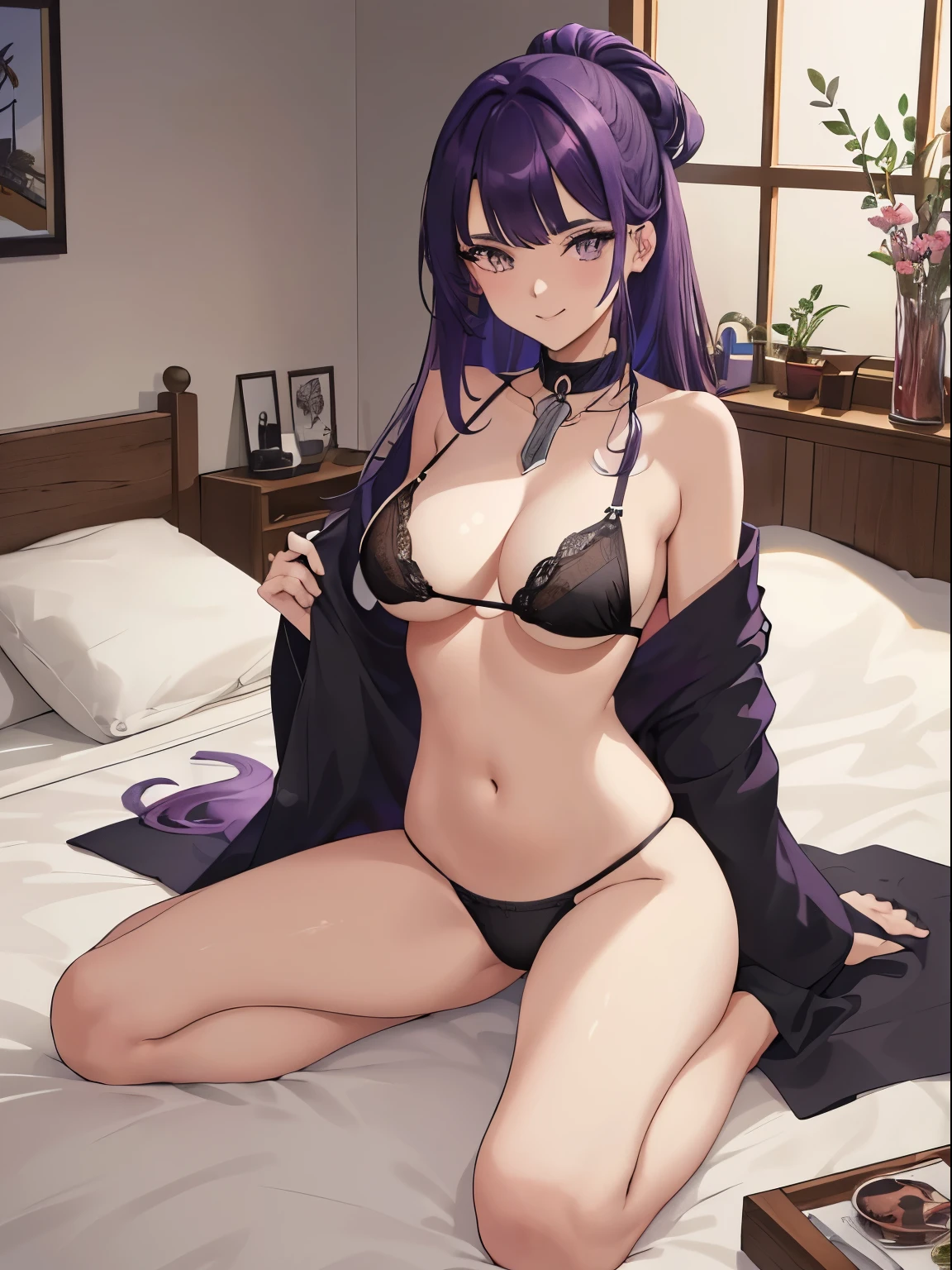 (Obra maestra, La mejor calidad, Ultra detallado, Altamente detallado), (Texturas realistas:0.9), (NSFW:0.9), Japanese character, Anime style, Sentado en una cama, dormitorio, 1mujer, 1girl, solamente, 20 years old, purple hair, Cabello largo, Cola de caballo, (ojos perfectos:1.2, ojos detallados, flequillo partido, mujer sexy, OPPAI, (pechos grandes:1.4), They are smiling, arco, (bikini, Intimate Wear, black Intimate Wear, Black bra), avergonzado, (ruboroso:1.2), colores vibrantes, natural lighting, RTX, Beautiful, Beautiful anime girl, (Cara detallada:1.2), escaparate,(fotorrealista:1.2), 8k UHD, Fondo de pantalla de 8k, Mirando al espectador, interior, Anime CG arte suave, (cuerpo perfecto, medio cuerpo, tetona), collar