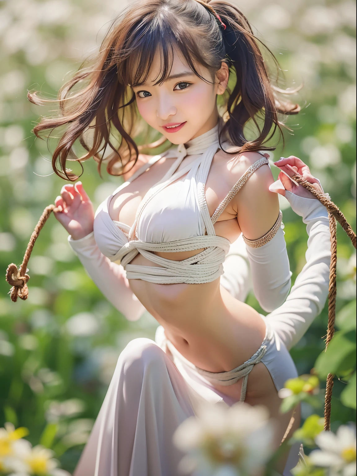 (masterpiece), (best qualtiy), 8K resolution, 1girl in, asian human, Breathtaking beauty, face perfect, the perfect body, 20yr old, A sexy, ciinematic light, short-haired, large full breasts 、((Close-up of face to chest))、((in a white flower field))、((Big eyes))、((large full breastsを))、((very beautiful idol face))、((chest bondage and rope:1.3))、((Close-up of face to chest))、((Laugh a little))