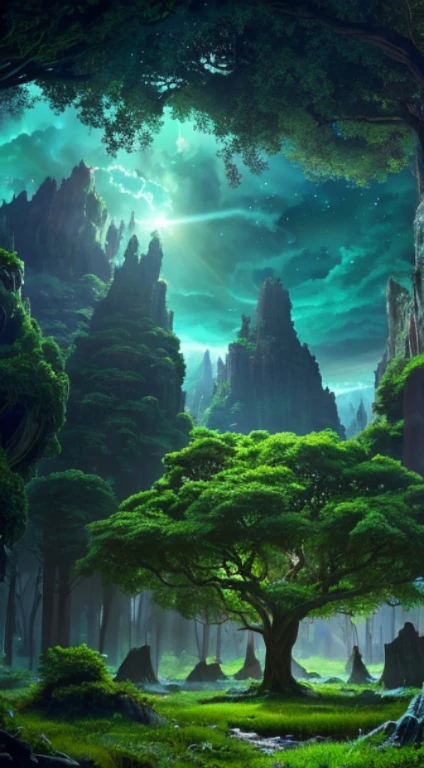 Illustration of a surreal, otherworldly, hyper sky scene including a giant crystal tree full body, highly detailed and magical lighting, intricate forest details, vegetation and surrounding river, solar punk, landscape, giant tree , beautiful green leaves, beautiful lighting and realistic proportions, as if this is a movie background, 8k, highest quality, masterpiece, clouds and stars in the sky.