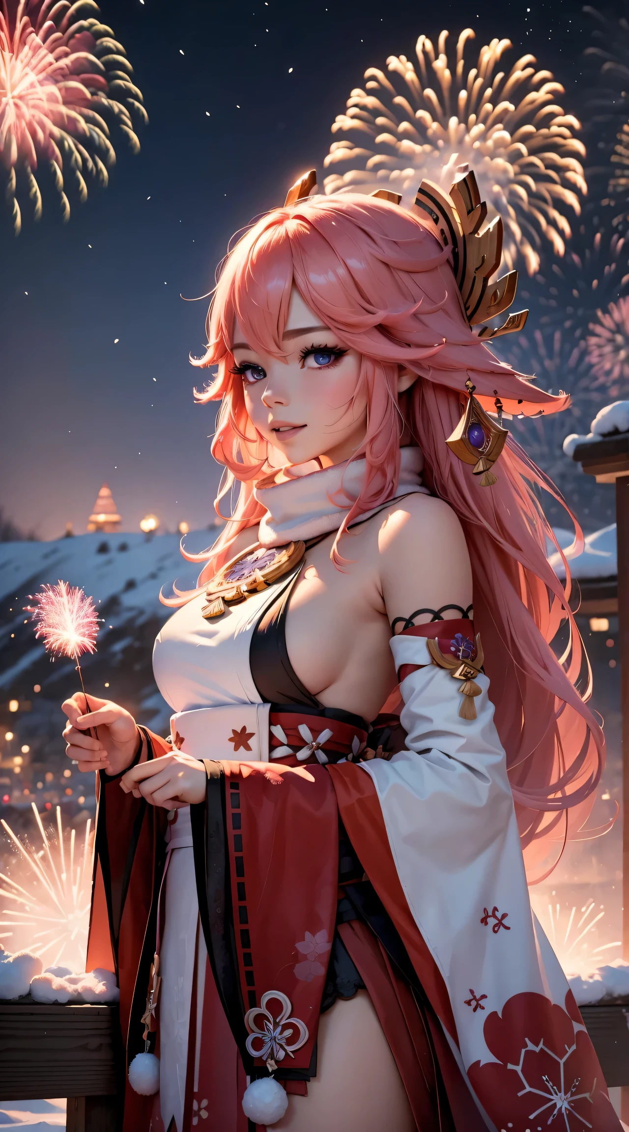 Holiday poster, (Happy New Year 2024),wide wide shot,Expansive night sky,(winter snowflakes flying),The landscape,painting of a,illustratio,sportrait,YaeMiko, with pink hair, The sleeves are separated, No shoulder strap,((Grand fireworks show in the night sky)),Colorful fireworks,Twinkling stars,Romantic atmosphere,overwhelming excitement,festive atmosphere,Magical moments,Inspiring artistic creations. Best quality at best,4K,8K,A high resolution,tmasterpiece:1.2,ultra - detailed,actual:1.37,