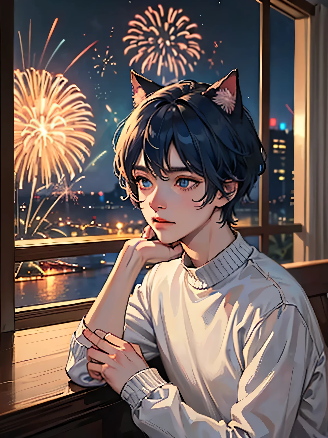 Masterpiece, best quality, super detailed, illustration, ((1boy)), ((man)), short blue hair, blue cat ears, blue eyes ,wearing a sweater in his dark and dreary room, ((looking out the window at the fireworks display on the horizon while feeling alone)).