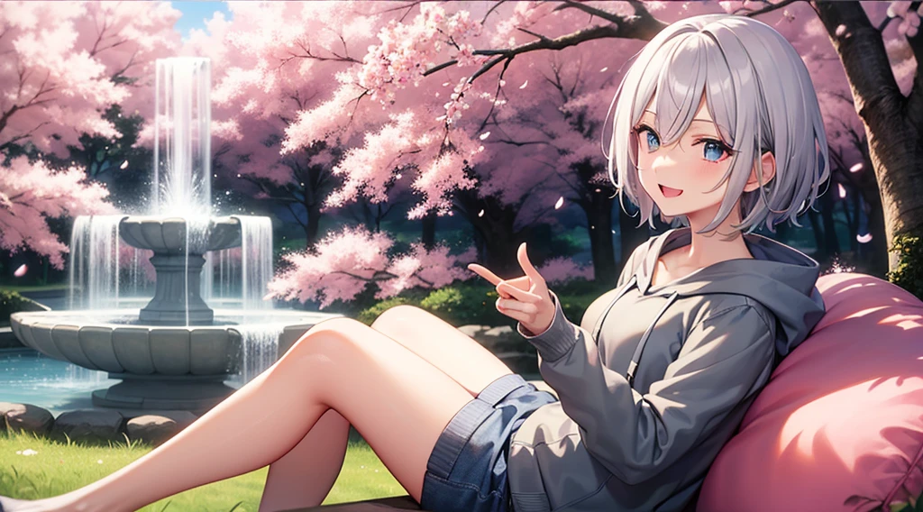 (masutepiece: 1.2, Best Quality), 1 Lady, Solo, silber hair,Shoulder out,Very short hair, long bangs between eyes, blue eyess,Black eyes, Hoodie,White hair, Silver hair, Hoodie, White hoodie、blue-sky、fountain in the forest、flower field、cherry blossoms falling、A smile、open open mouth、5 fingers