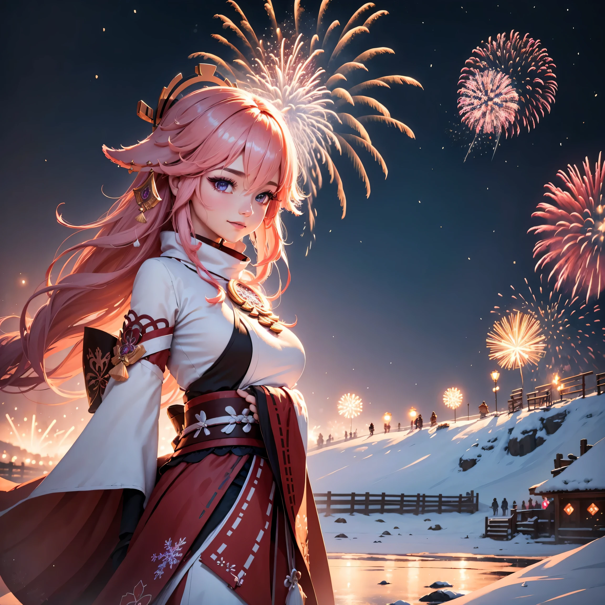 (Holiday poster), (Happy New Year 2024),wide wide shot,Expansive night sky,(winter snowflakes flying),The landscape,painting of a,illustratio,sportrait,YaeMiko, with pink hair, The sleeves are separated, No shoulder strap,((Grand fireworks show in the night sky)),Colorful fireworks,Twinkling stars,Romantic atmosphere,overwhelming excitement,festive atmosphere,Magical moments,Inspiring artistic creations. Best quality at best,4K,8K,A high resolution,tmasterpiece:1.2,ultra - detailed,actual:1.37,