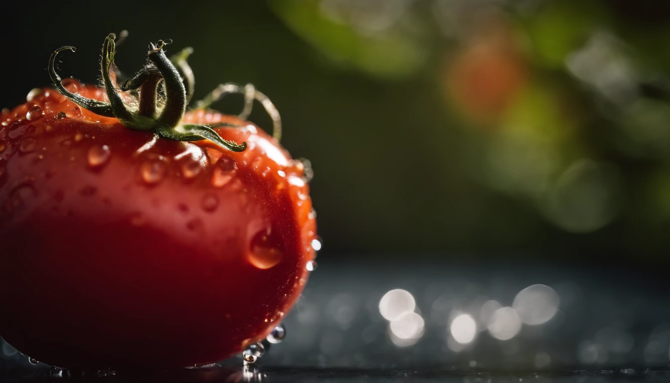 a close-up shot of a ripe tomato, showcasing its vibrant red color, glossy skin, and the tiny droplets of water on its surface