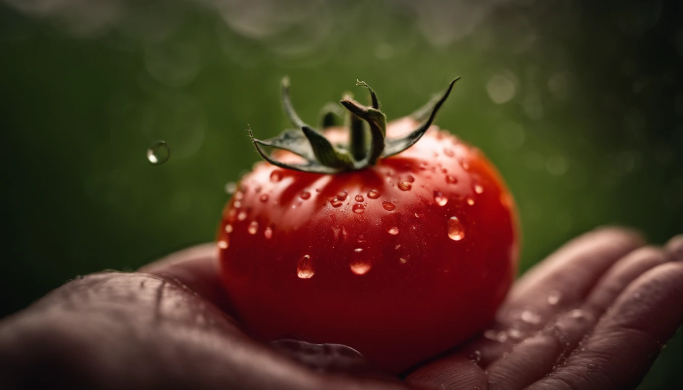 a close-up shot of a ripe tomato, showcasing its vibrant red color, glossy skin, and the tiny droplets of water on its surface