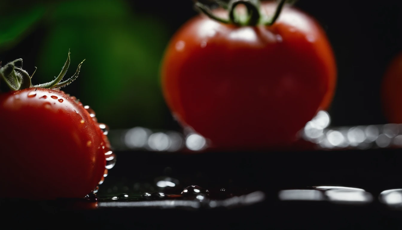 a close-up shot of a ripe tomato, showcasing its vibrant red color, glossy skin, and the tiny droplets of water on its surface