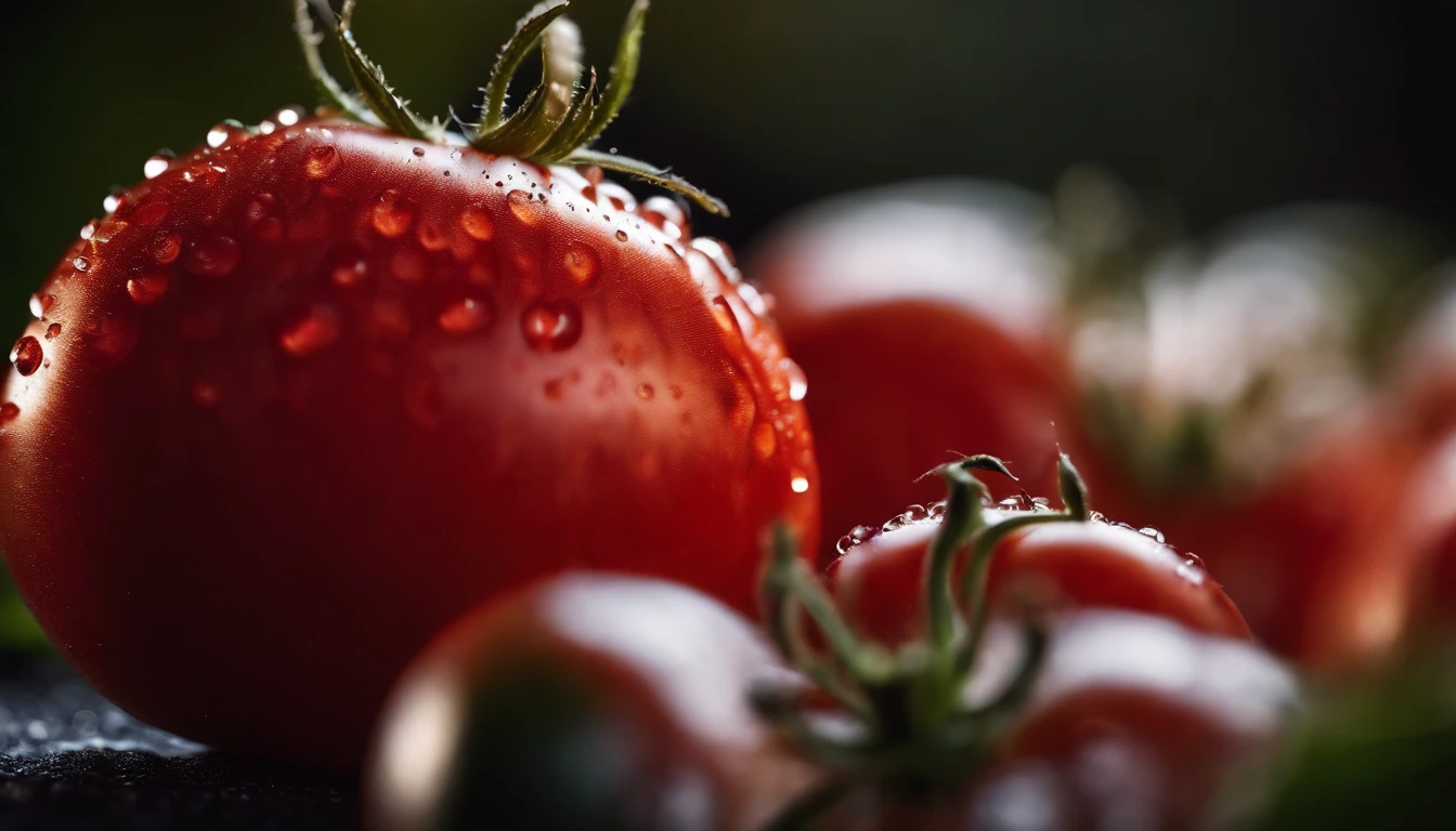 a close-up shot of a ripe tomato, showcasing its vibrant red color, glossy skin, and the tiny droplets of water on its surface