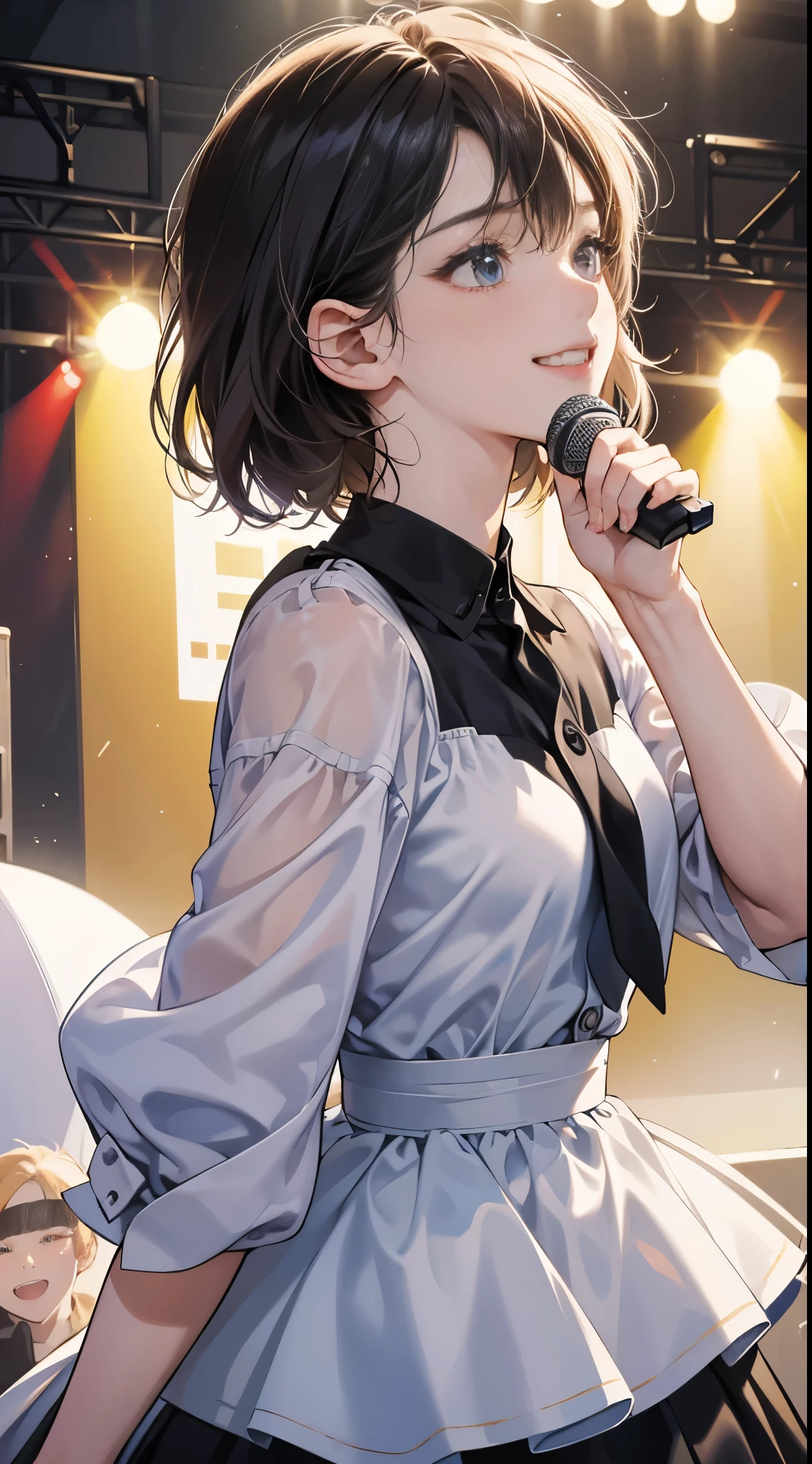 (Best Quality,4K,High resolution), 18yo woman, boyish,short-haired,Unkempt hair ,innocent smiles, Comical appearance,stage,Idol,Let's sing together today,Even if you dream, Dreaming, Laughing, If you have a dream,Lasts forever
