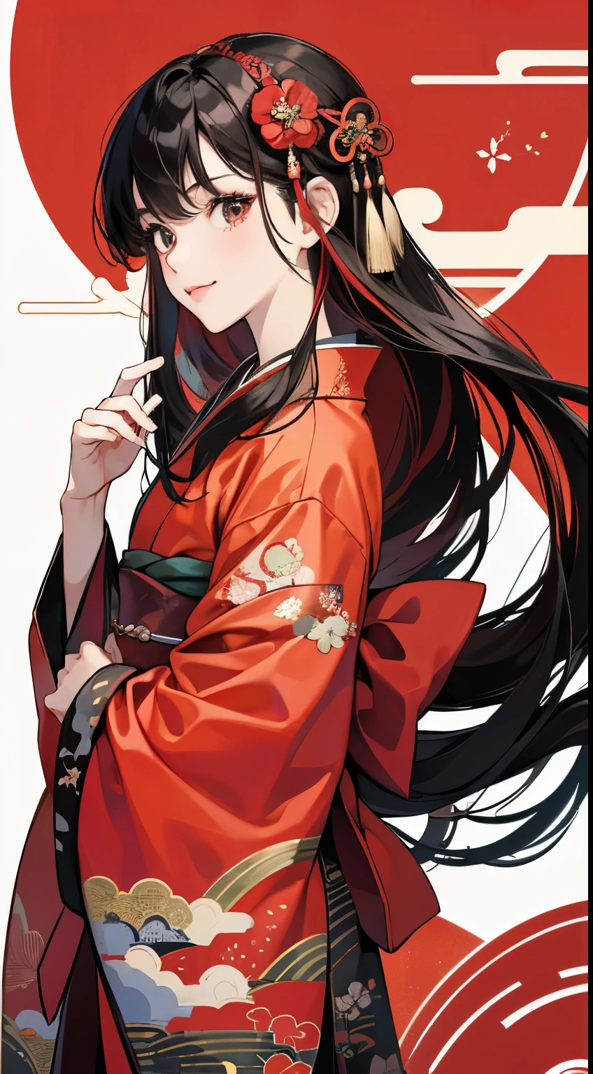 hiquality、high-level image quality、January、Happy New Year、Background of the Year of the Dragon、（Texto:2024 New Year&#39;s Day）Long straight hair with red highlights on black hair、January in Japan、japanese kimono、woman in long-sleeved kimono、Gorgeous and lively illustrations