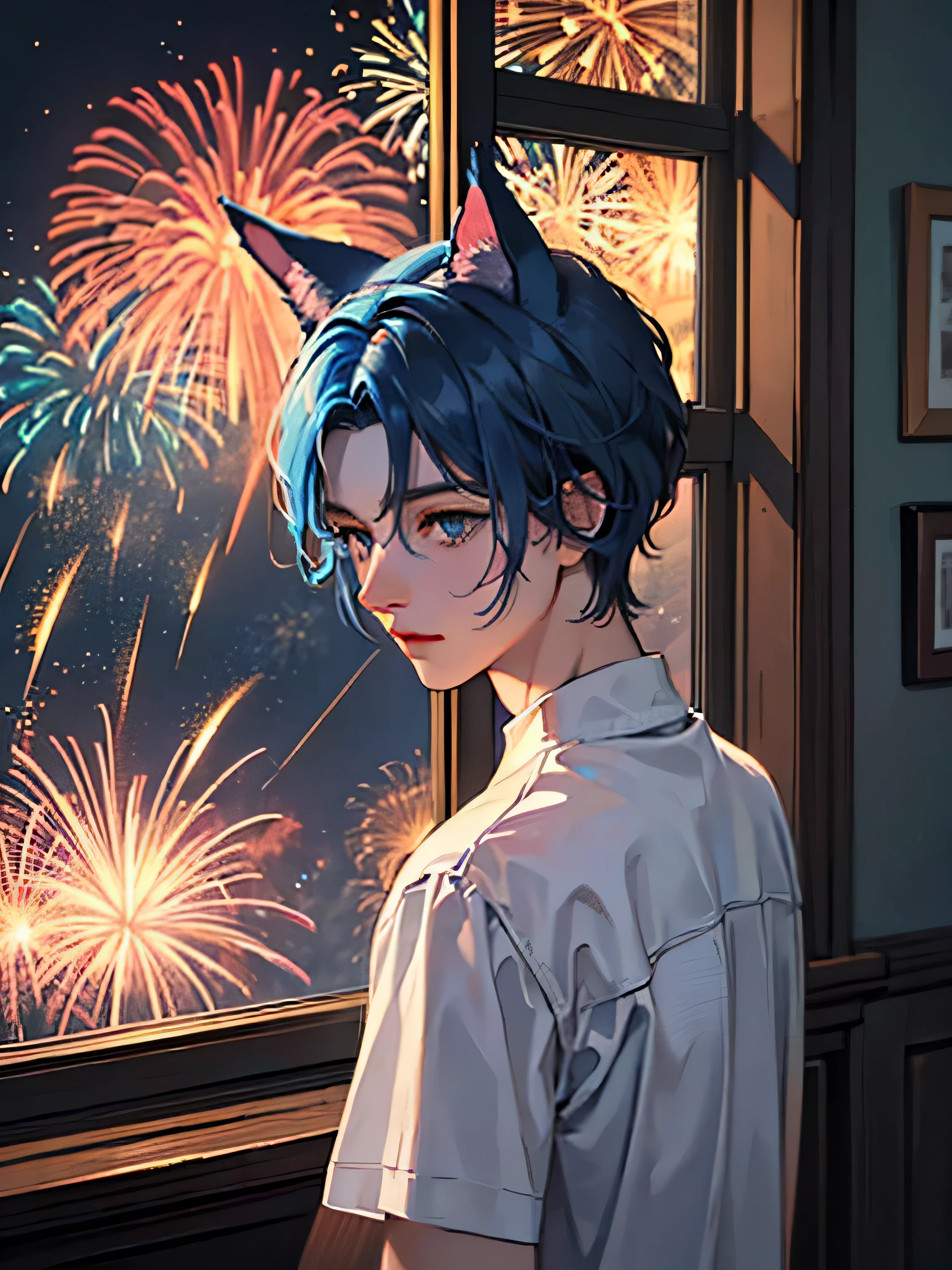 Masterpiece, best quality, super detailed, illustration, ((1boy)), ((man)), short blue hair, ((blue cat ears)), blue eyes ,wearing a sweater in his dark and dreary room, ((looking out the window at the fireworks display on the horizon while feeling alone)).