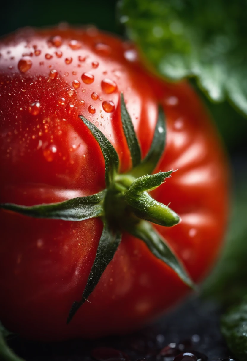 a close-up shot of a ripe tomato, showcasing its vibrant red color, glossy skin, and the tiny droplets of water on its surface
