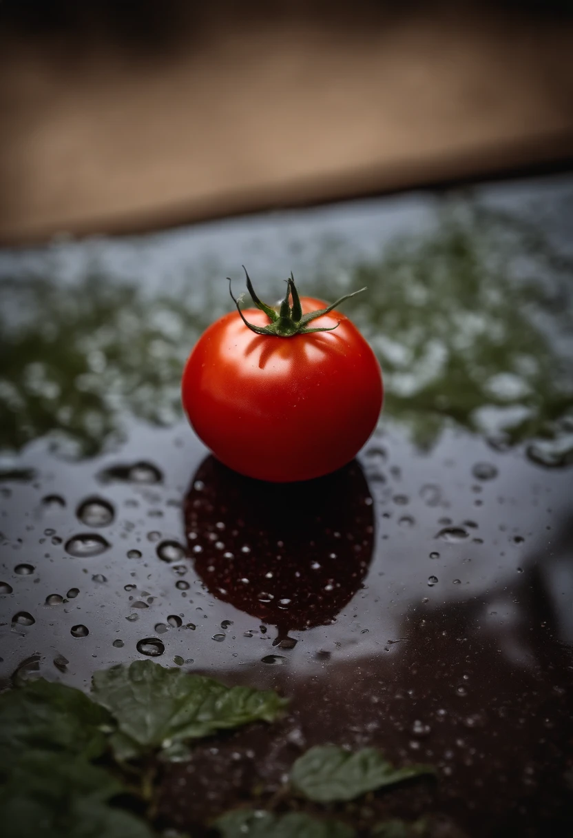 a close-up shot of a ripe tomato, showcasing its vibrant red color, glossy skin, and the tiny droplets of water on its surface