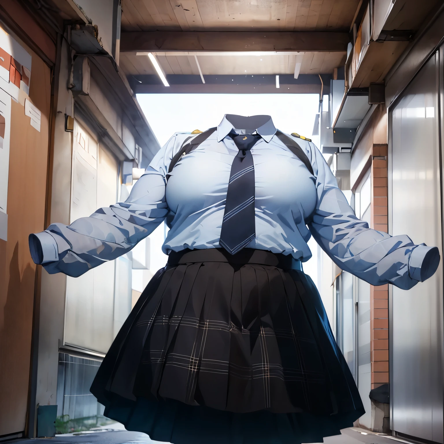 absurdres, highres, ultra detailed, school uniform, stripe tie, plaid skirt, cute big breasts, (invisible, no human, headless, handless:1.5), chubby, fat, from below, dynamic posed