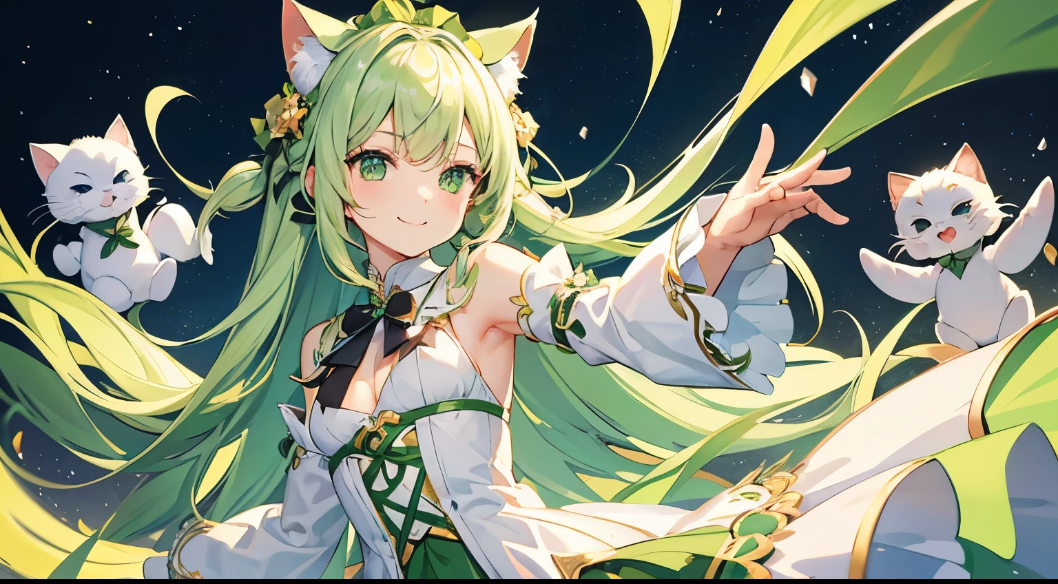 high qulity, Best quality at best, tmasterpiece, One ，Facing the camera direction，long  white hair, whaite hair，green-eyed, cat ear，Smile Expression，Wear green and white dress