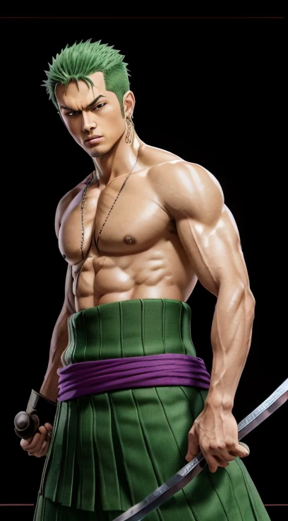 Roronoa Zoro (master part, 4k resolution, ultra-realistic, Very detailed), macho, corpo muscular, corpo imponente, imposing appearance, muscular arms, pernas musculosas, Single body, trapezoid trunk, corpo robusto, corpo muscular, Pecs redondos e carnudos definidos, Washboard ABS set, defined arms, pernas definidas, CABELOS LISOS VERDES LONGOS, (Tema de samurai branco, Charismatic, there is a swordsman next to a Japanese "Isakaya" barra, vestindo um quimono azul com detalhes de nuvem no "Obi" pista, he is commander of the first division of the leader of the mugiwara band, trabalho "one piece"), [ ((19 anos), (CABELOS LISOS VERDES LONGOS:1.2), CABELOS LISOS VERDES LONGOS, corpo inteiro, (olhos azuis:1.2), ((A pose de Roronoa Zoro), demonstration of strength, unsheathing with one hand his katanas enma), ((Japanese rural environment):0.8)| (paisagem rural, ao entardecer, dynamic lights), (sol cego)), 1 katana]. # Explanation: Prompt mainly describes a 4K painting of ultra -high high definition, CABELOS LISOS VERDES LONGOS, very realistic, Very detailed. Mostra um espadachim, mestre do estilo Santoryu de katanas, vestindo um quimono azul com detalhes de nuvem na cintura. The subject in the painting is a subject of a white swordsman, holding with one hand his black katana