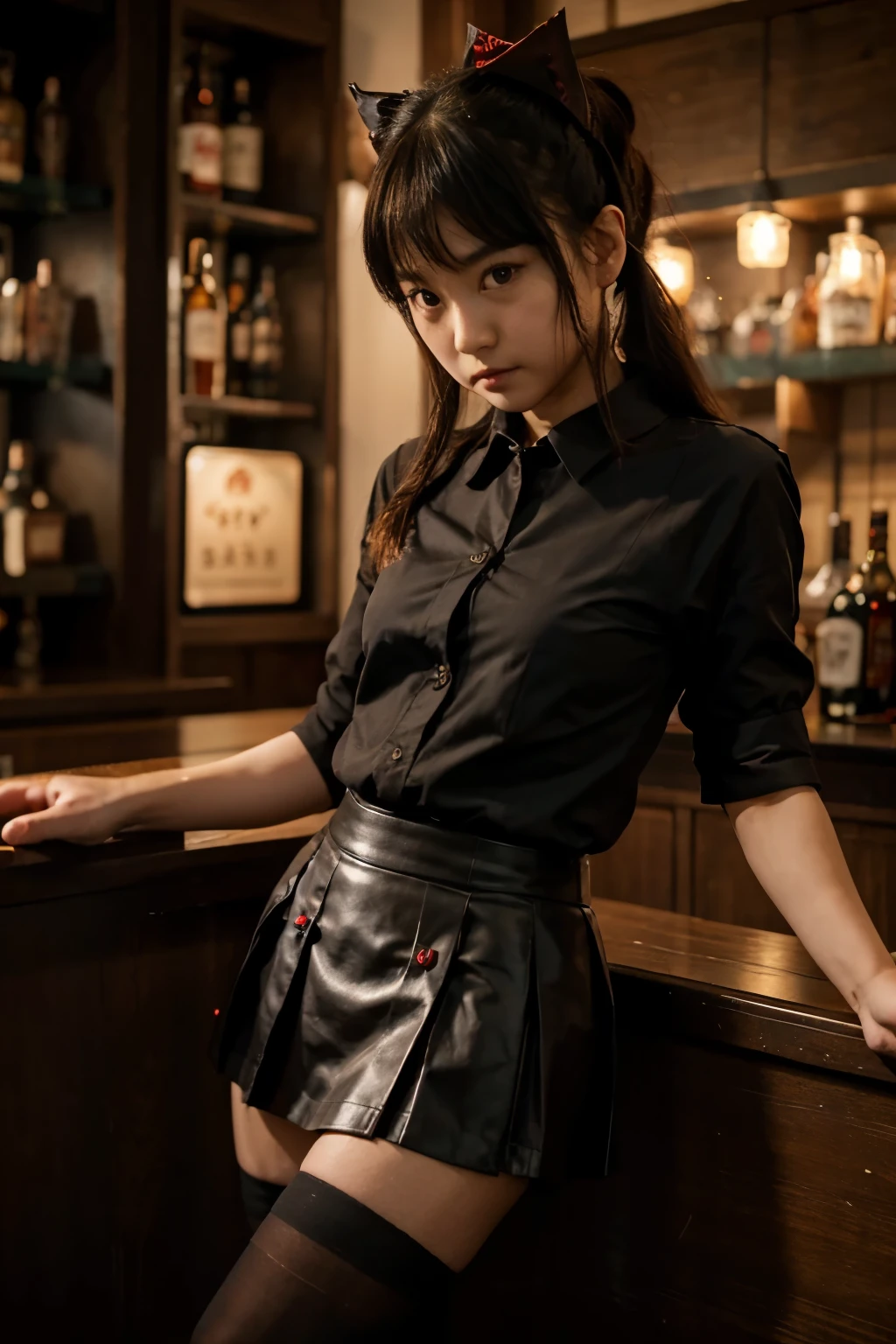 japanese, ite Cute girl, detailed, Cinematic, perfect skin, black shirt, red skirt, black tights, babal, sfw, in bar. drinking whiskey.