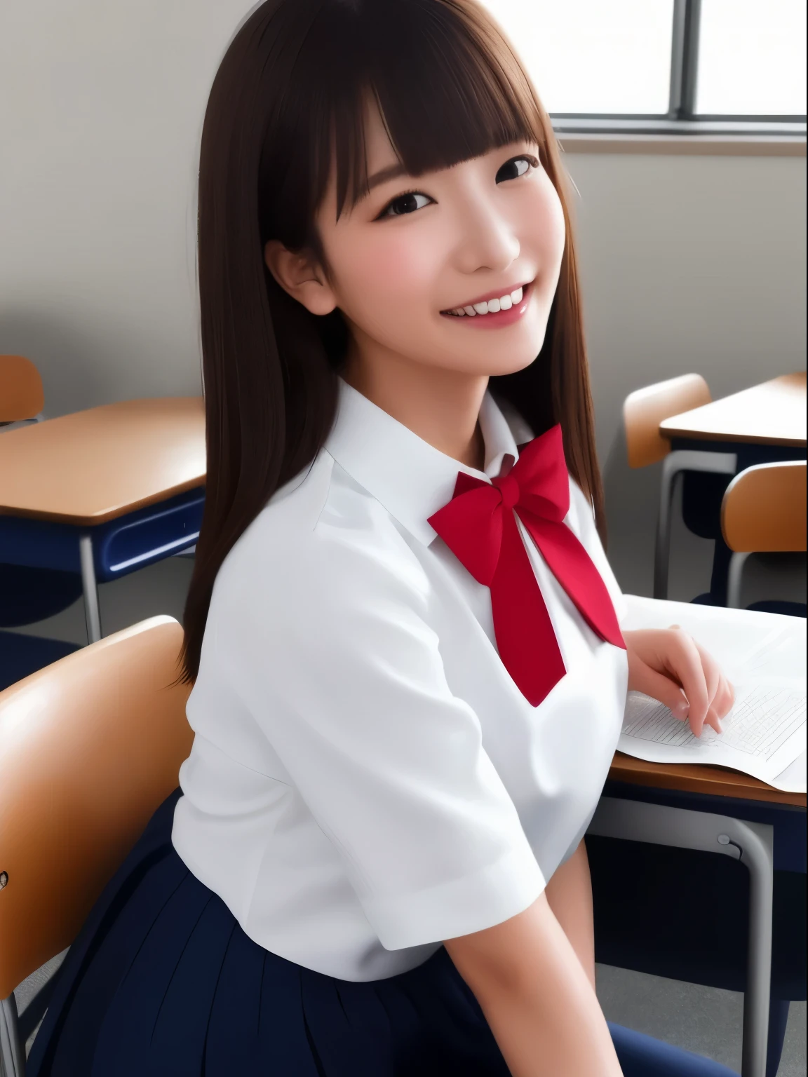 masterpiece, upper body shot, side view, a Japanese young pretty woman, sitting down on a chair, studying at a desk in the classroom with a big smile, glamorous figure, wearing a short sleeves white collared silky shirt with shiny red satin plain bow tie, wearing a long length dark blue pleated skirt, hyper cute face, glossy lips, double eyelids in both eyes, Natural makeup, long eyelashes, shiny smooth light brown hair of medium length, asymmetrical bangs, tanned skin, crowd in the classroom, textbooks on the desk, central image, 8K resolution, high detail, detailed hairstyle, Detailed Face, spectacular cinematic lighting, octane rendering, vibrant, hyper realistic, perfect limbs, perfect anatomy