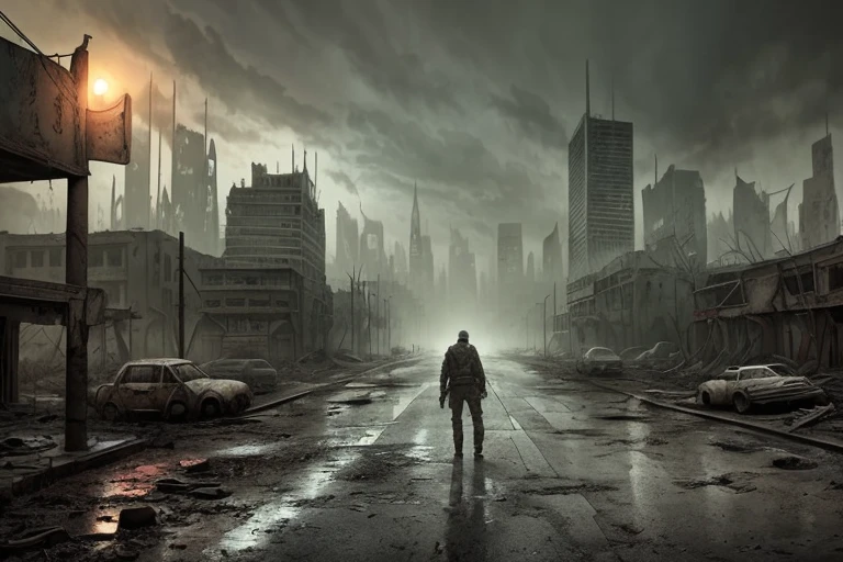 The survivor cautiously explores the abandoned city, observing the patterns and movements of the undead. in the midst of a post-apocalyptic scenery, dark fantasy, very detailed, a post apocalyptic cityscape, muted colors, hyperrealism, fog, dark atmosphere, hdr, rainy, intricate details, fallout style