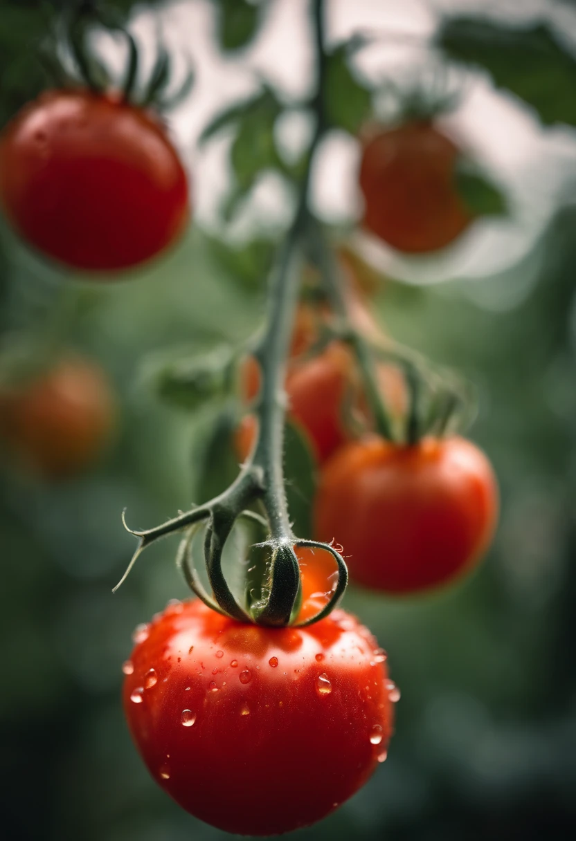 a close-up shot of a ripe tomato, showcasing its vibrant red color, glossy skin, and the tiny droplets of water on its surface