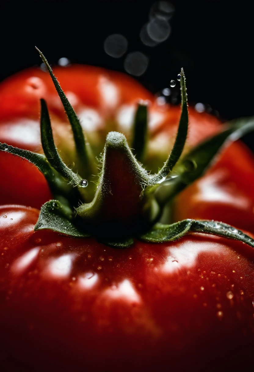 a close-up shot of a ripe tomato, showcasing its vibrant red color, glossy skin, and the tiny droplets of water on its surface