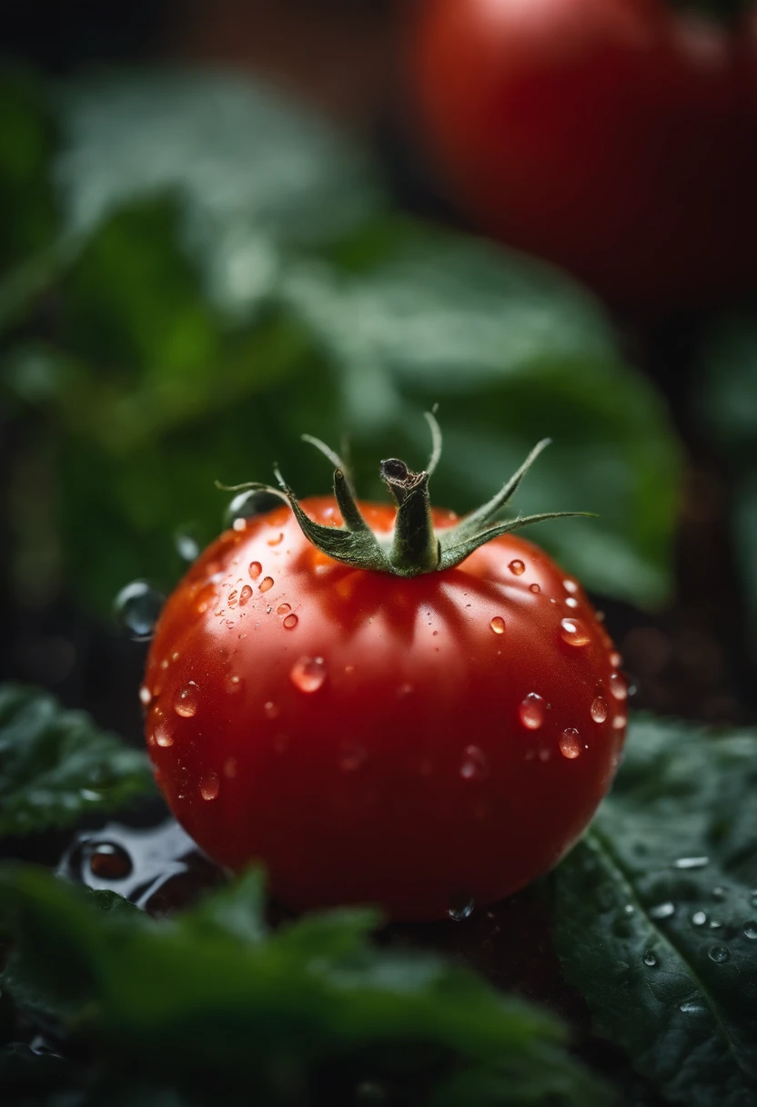 a close-up shot of a ripe tomato, showcasing its vibrant red color, glossy skin, and the tiny droplets of water on its surface