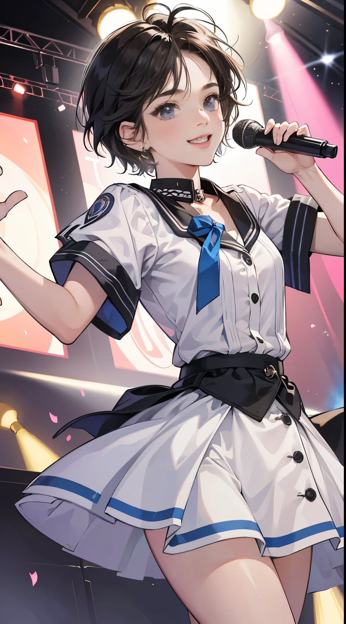 Main piece、high quality、High resolution、1 girl,single, Ruka Sarashina、jewelry、skirt、Sailor uniform that exposes the chest、Navy pleated skirt、Woman with black hair、short hair、black hair、black pantyhose, blue eyes, long sleeve,, bow, bow, blue hair band, bangs, big full breast, cleavage, Medium waist, medium hips, wide thighs, Cowboy photos, smile, fascinating, embarrassing, blush、In town、lots of people、crowd, looking at the viewer,from below、Low - Angle,very big breasts、cleavage、no bra、no panties、no panties、nipple、Serve nipple、Milk spurts out of nipple、Milk drips from nipple