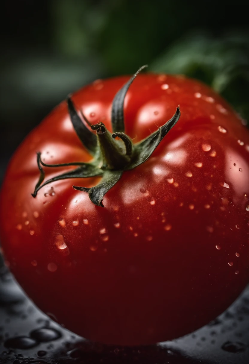 a close-up shot of a ripe tomato, showcasing its vibrant red color, glossy skin, and the tiny droplets of water on its surface