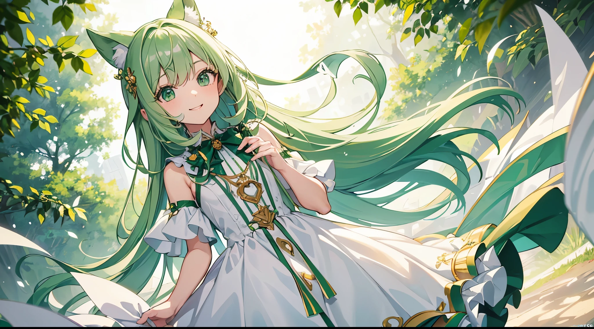 high qulity, Best quality at best, tmasterpiece, One Little Girl,Facing the camera direction,long white hair, whaite hair,green-eyed,Smile Expression,Wear green and white dress