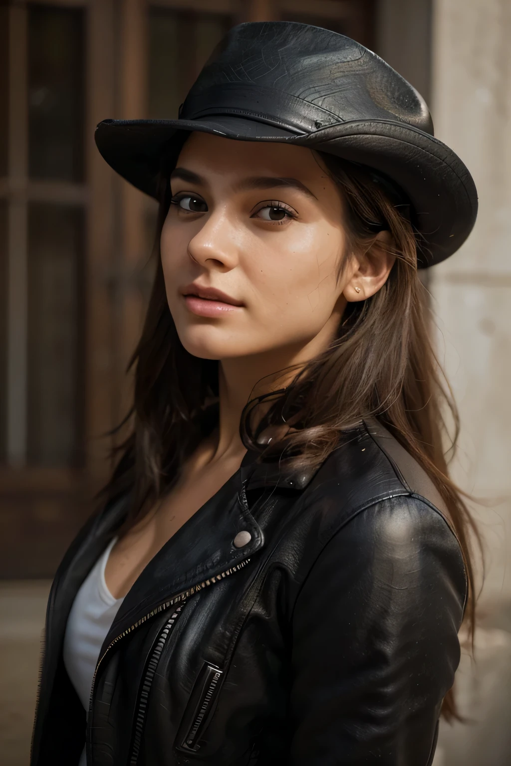 1 Woman, (Realstic:1), Content, fully body portrait , 24 year old, ((face, happy)), stunning RAW , the beautiful face, long brown hair, ultra beautiful woman, miss univers, sharp focus, highly detailed, 8k UHD, natural lighting, octane render, maximum detail, hyper-detailed, hyper-realistic, ultra-detailed, highest detail quality, ultra-realistic, shot with Canon r5 110mm lens f/6. 6 --ar 69:128 --style raw --v 5. 2, (high detail skin: 1.2), 8k uhd, DSLR, soft light, high quality, film grain, 20mp, Fuji XT3 , 80mm, Hasselblad, perfect eyes, solo and her happiness radiates from the image, analog style (gaze towards viewer:1.2) (skin texture, no make-up, natural make-up) (film grain:1. 3, front view, very detailed, natural, high resolution, best quality, intricate detail, very detailed, detailed skin, realistic skin texture, texture, detailed eyes, professional, 4k, kodak color vision, extremely detailed, photorealistic, realistic, post-processing, maximum detail, roughness, real life, ultra realistic, photorealism in black leather jacket with black hat