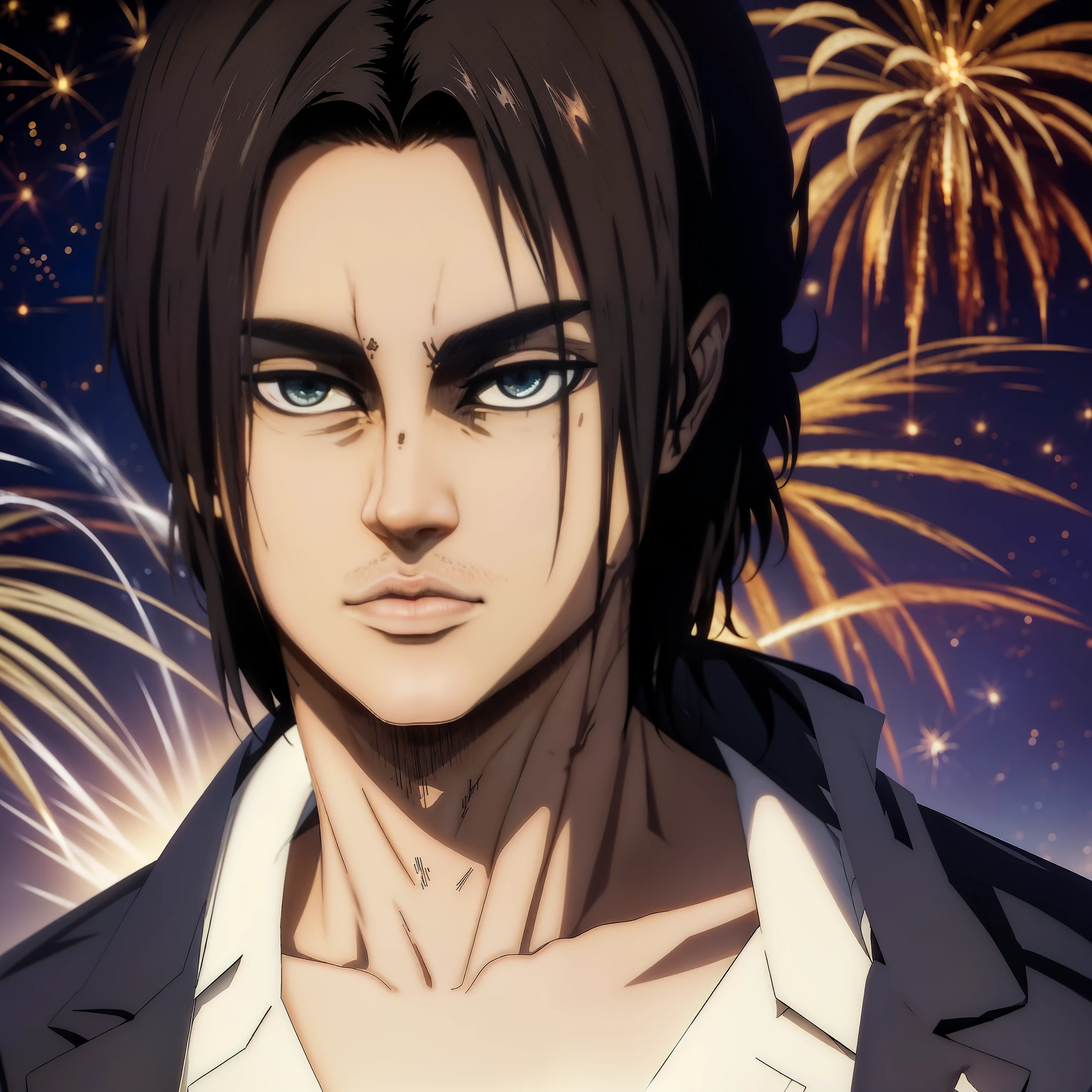 Night, Pitch black, A handsome boy, White suit, Energy flow, Black eyes, The face is super delicate, Short black hair, The face is super delicate, Highly realistic, 4K, Chiaroscuro, Super high detail,Fireworks explode in the sky , The fireworks are huge,Spectacular fireworks display.