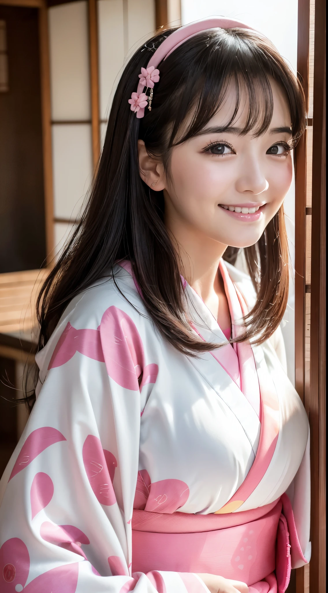 (1人の女性、japanes、22year old、Refreshing、unclear、Gentle、stylish、attractive narrow eyes、wretched、天使のようにcute little、cute little、cute、bbw、Black eyes、idol,女優,Sagging milk),(large drooping breasts).(very cute)、(A dark-haired),mesmerizing eyes、(in 8K、Raw photography、top-quality、masterpiece:1.2、optimal lighting)、masterpiece,(Photos taken by professional photographers),(realisitic、フォトrealisitic:1.37),break,( Cute Japanese kimono with pink pattern:1.4),short cut,dynamic angle,happy smile,Portrait,