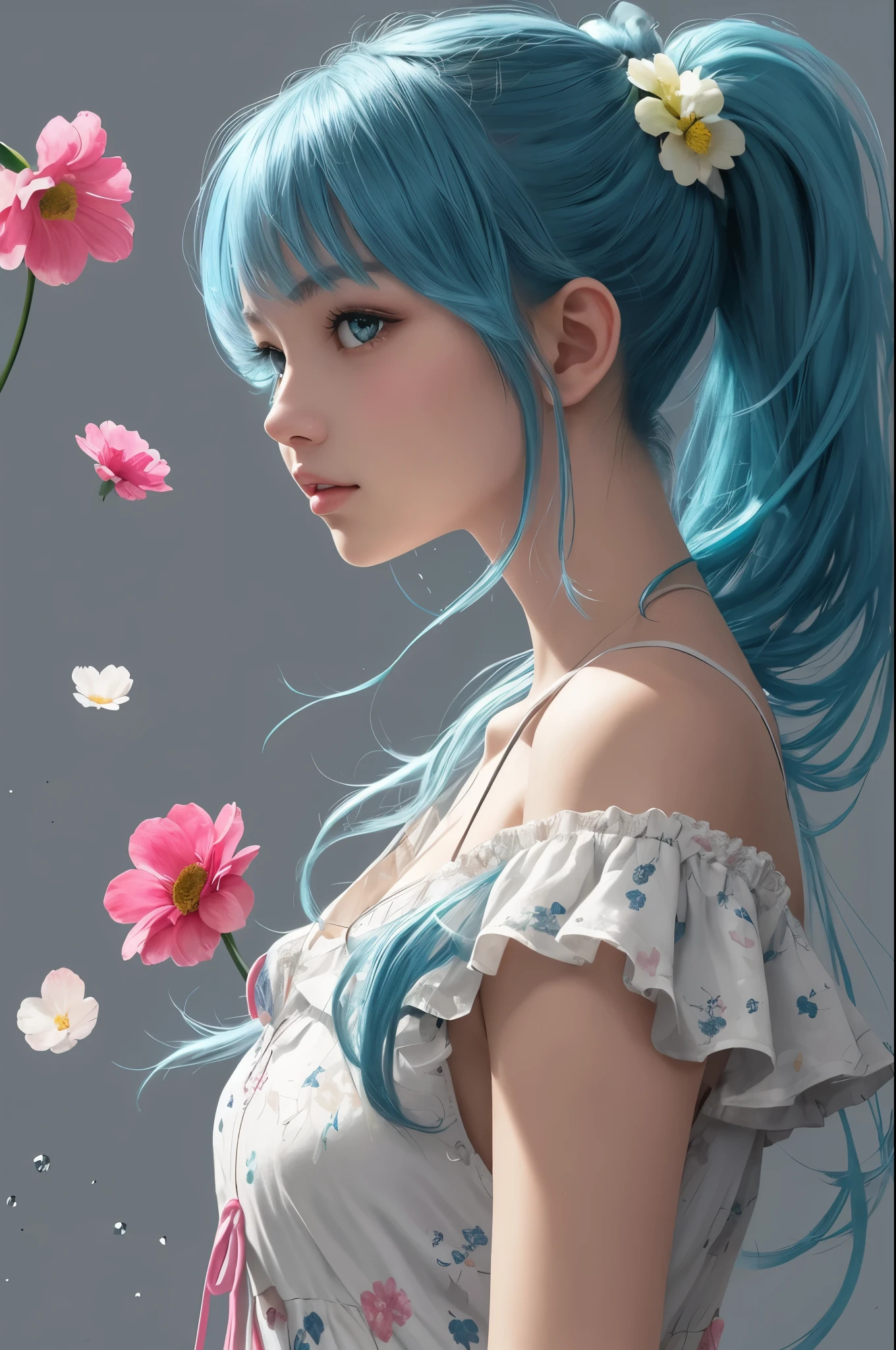 (masterpiece), (best quality), (ultra detailed),(disheveled hair),(illustration), (1girl), (Fashionable clothing), standing, Fashion model, looking at viewer, (interview), (simple background),beautiful detailed eyes, delicate beautiful face, Floating,(high saturation),(colorful splashes),colorful bubble,(shining), focus on face,  ponytail, kamisato ayaka, light blue hair, bangs, hair ring, floating flowers, floating hairs, (shining), best lighting, best shadow,