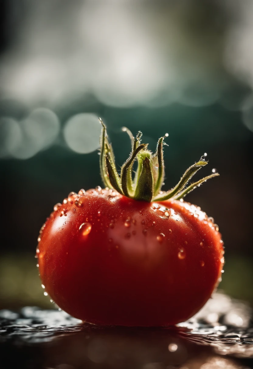 a close-up shot of a ripe tomato, showcasing its vibrant red color, glossy skin, and the tiny droplets of water on its surface