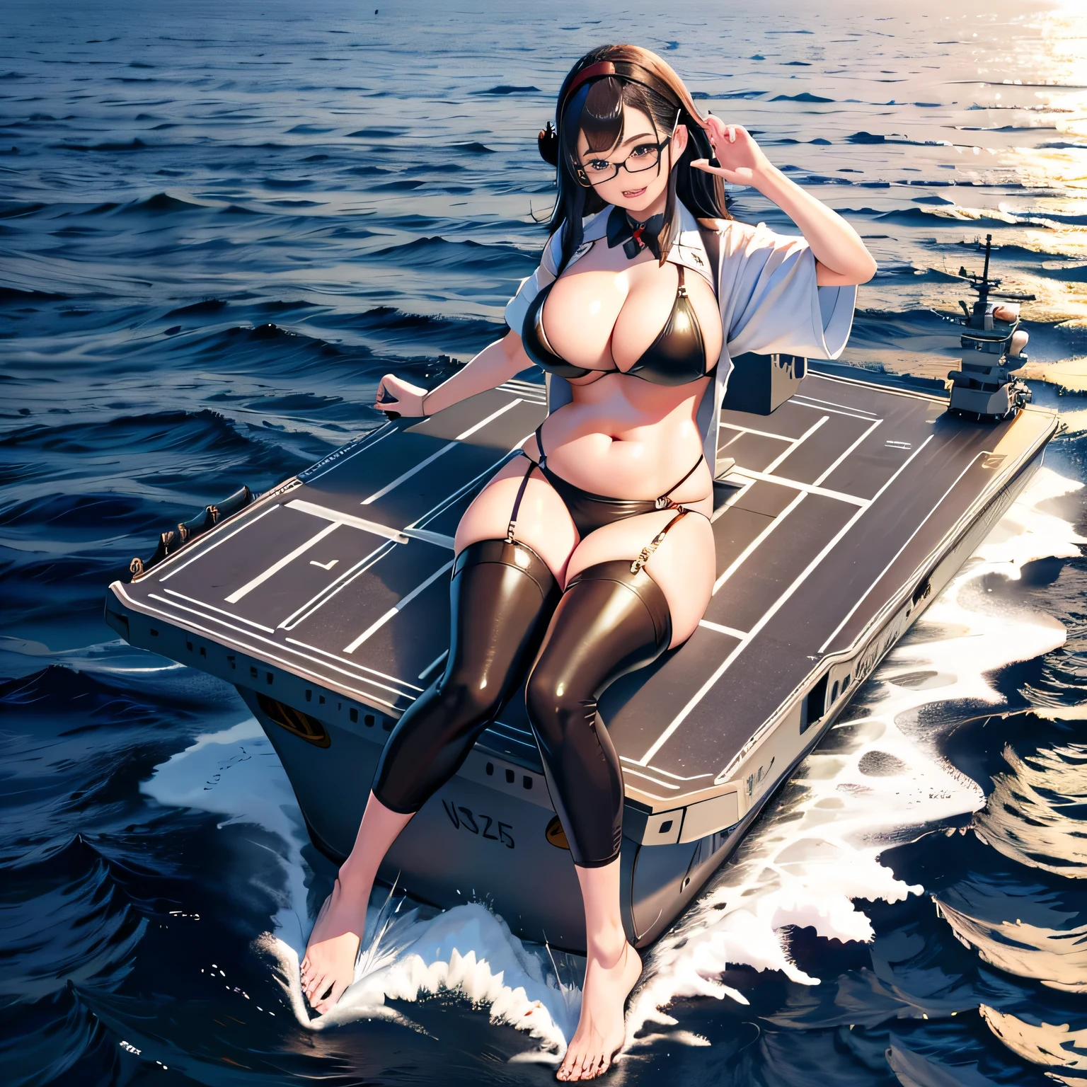 Multiple girls, der riese art, 非常に詳細なder rieseショット, der riese, Shorthair, Giant woman bigger than a skyscraper, Wearing rimless glasses, Colossal tits, Big ass, Bikini swimwear, i&#39;m playing with the small aircraft carriers and battleships of the dwarf country., Full body depiction, nffsw, giga der riese, der riese, crashed aircraft carrier, small aircraft carrier, small aircraft carrier,